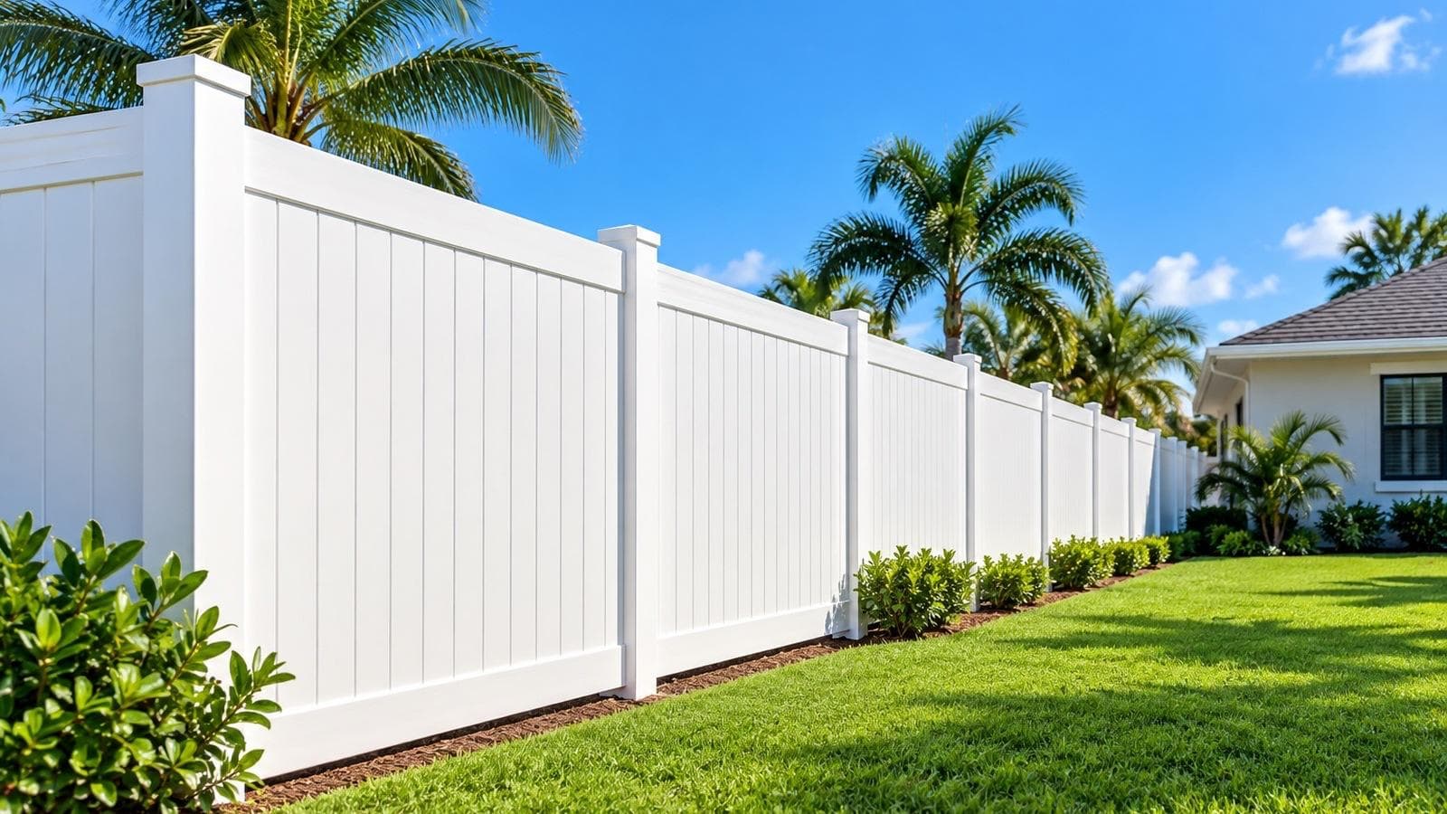 Cerca de privacidad de vinilo blanco que delimita un jardín con césped, arbustos y palmeras junto a una vivienda