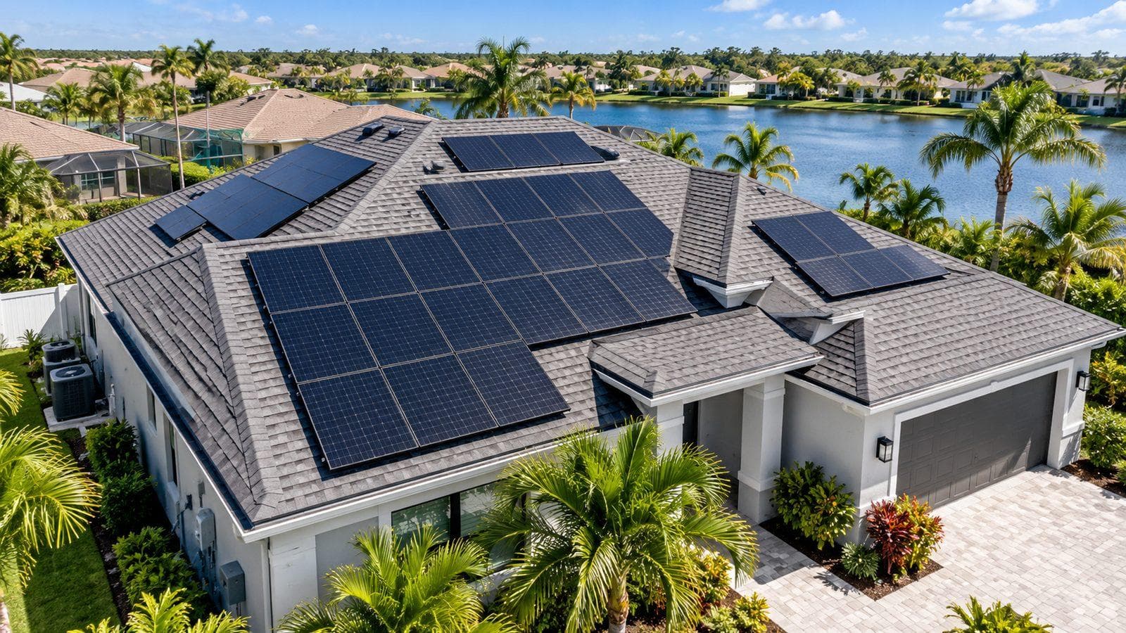 Vista aérea de una vivienda de una planta con paneles solares sobre el techo de tejas, en un vecindario residencial junto a un lago